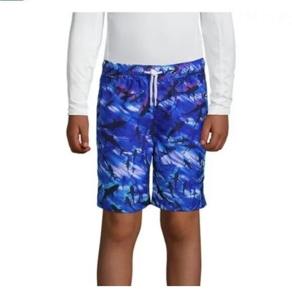Lands End Boys Swim Trunks Blue Shark Print Volley Size XL 14-16 - Picture 1 of 5